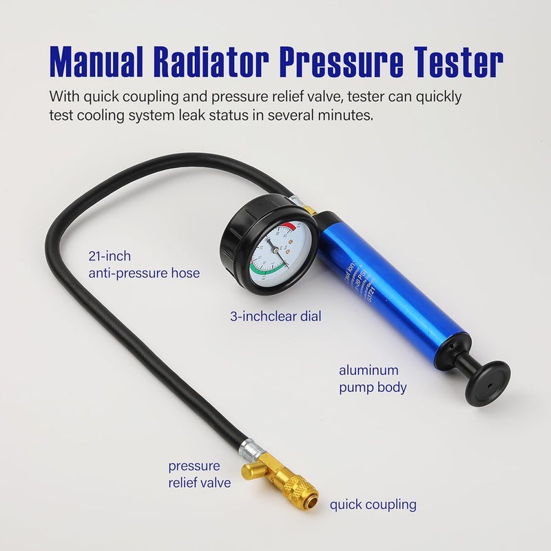 Gnhydxfe 18pcs Universal Radiator Pressure Tester Kit, Coolant Vacuum Refill kit，Coolant Pressure Tester Kit with Manual Pump and Color-Coded Test Caps (Blue) - Image 3